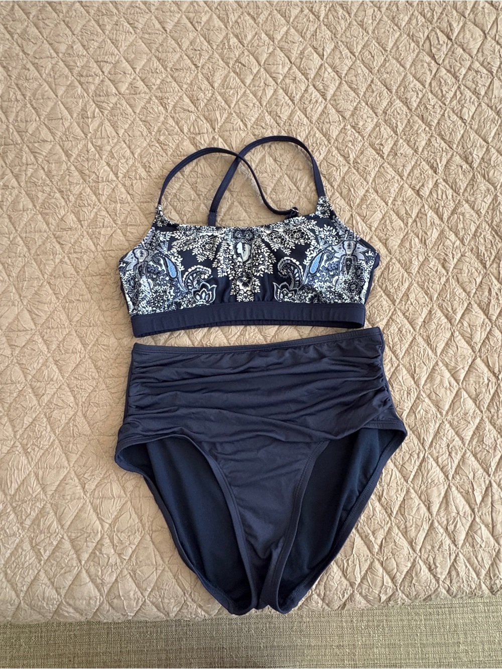 Kona Sol Navy Paisley Bikini Set with High-Waisted Bottoms